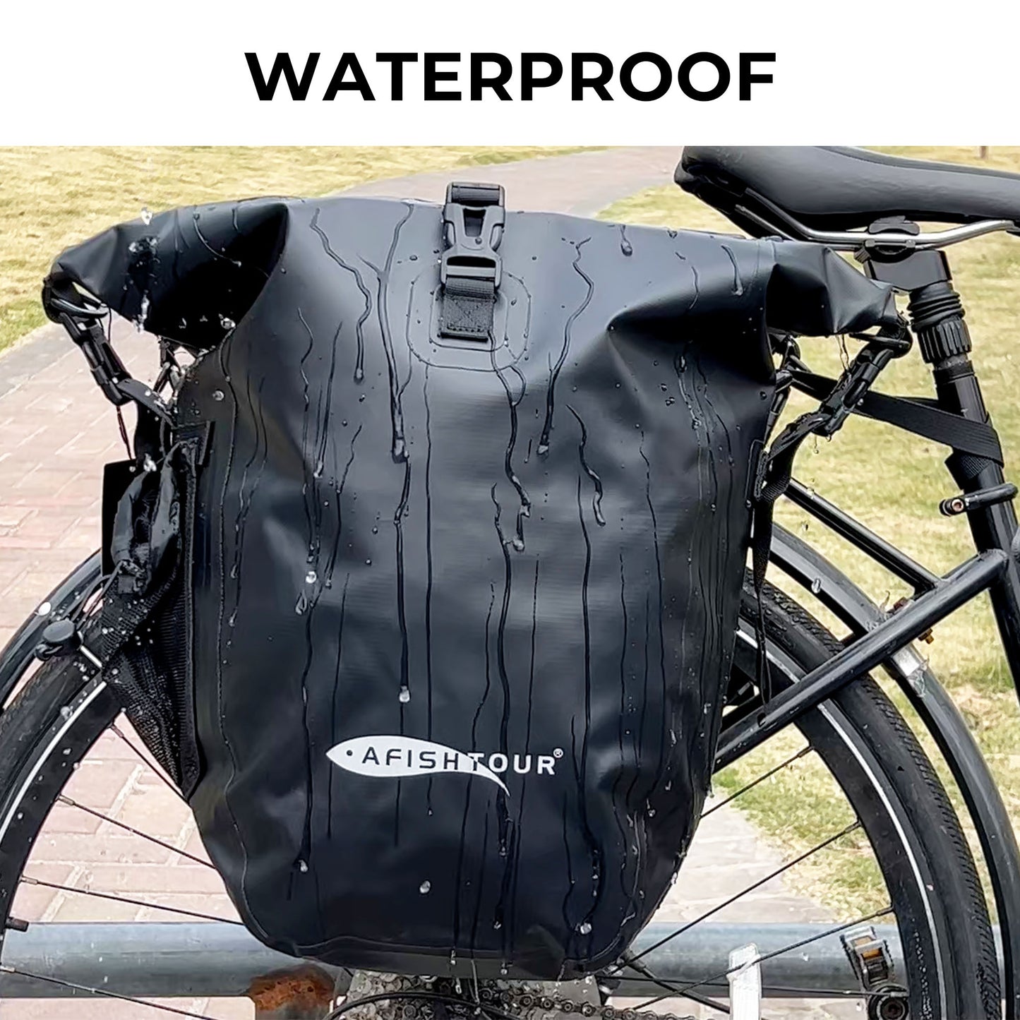 AFISHTOUR Waterproof Bike Panniers  - 50L Saddle Bags for Bicycles Rear Rack - Bike Bag for Grocery, Laptop (Black, 1 Pair)