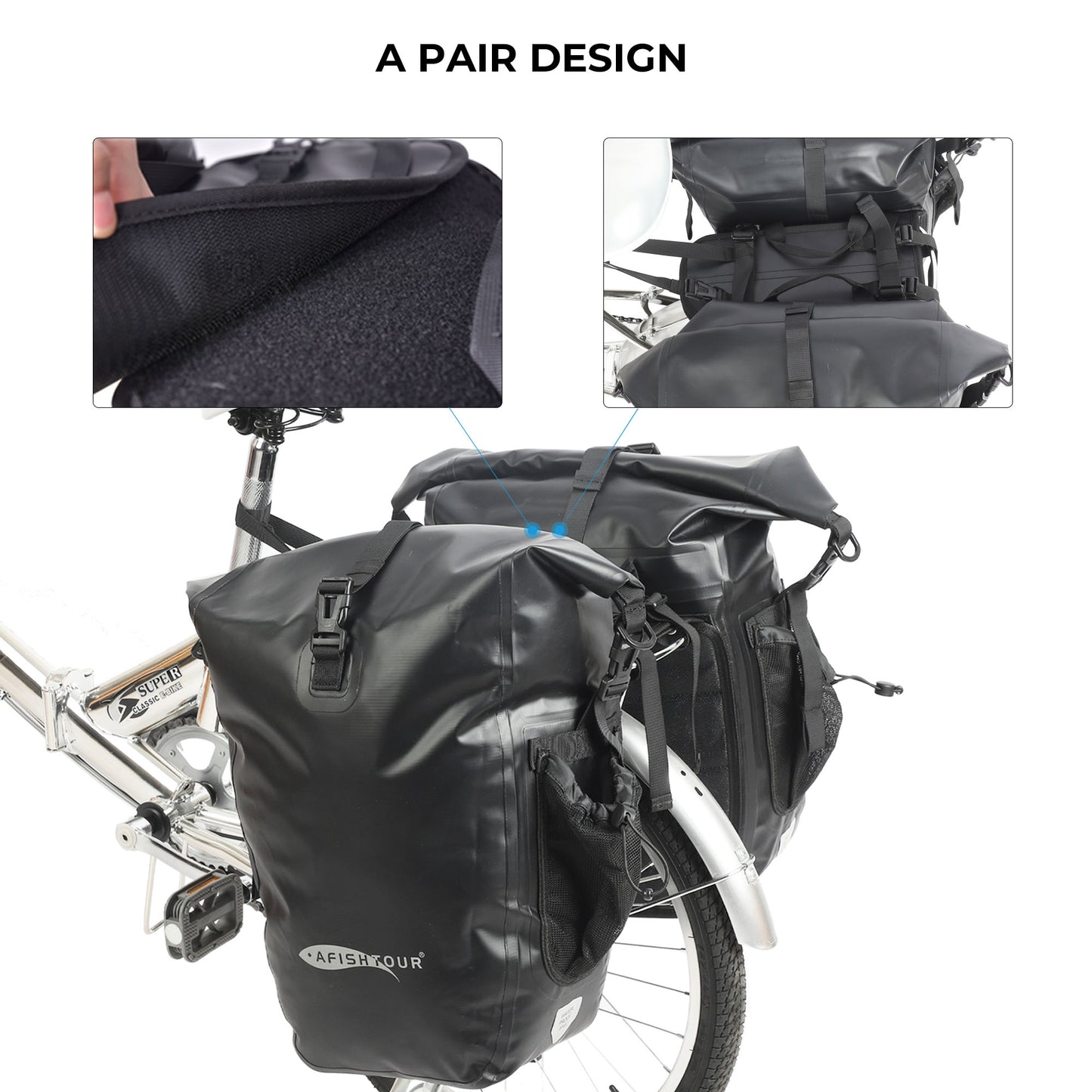 AFISHTOUR Waterproof Bike Panniers  - 50L Saddle Bags for Bicycles Rear Rack - Bike Bag for Grocery, Laptop (Black, 1 Pair)