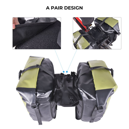 AFISHTOUR Waterproof Bike Panniers  - 50L Saddle Bags for Bicycles Rear Rack - Bike Bag for Grocery, Laptop (Green, 1 Pair)