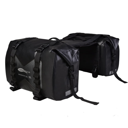 AFISHTOUR Waterproof Motorcycle Saddlebags - 50L Motorcycle Luggage Bags for Motorbike Travel - Motorcycle Panniers - Detachable Bag for Scooter, Honda, Suzuki, Yamaha (Black, 2 Pack)