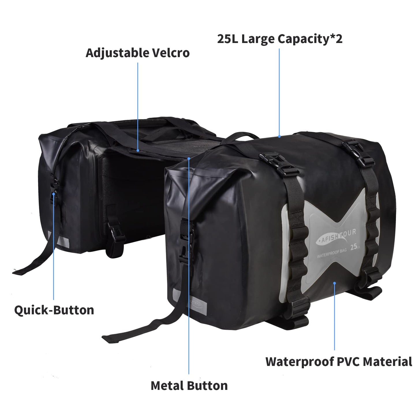 AFISHTOUR Waterproof Motorcycle Saddlebags - 50L Motorcycle Luggage Bags for Motorbike Travel - Motorcycle Panniers - Detachable Bag for Scooter, Honda, Suzuki, Yamaha (Grey, 2 Pack)