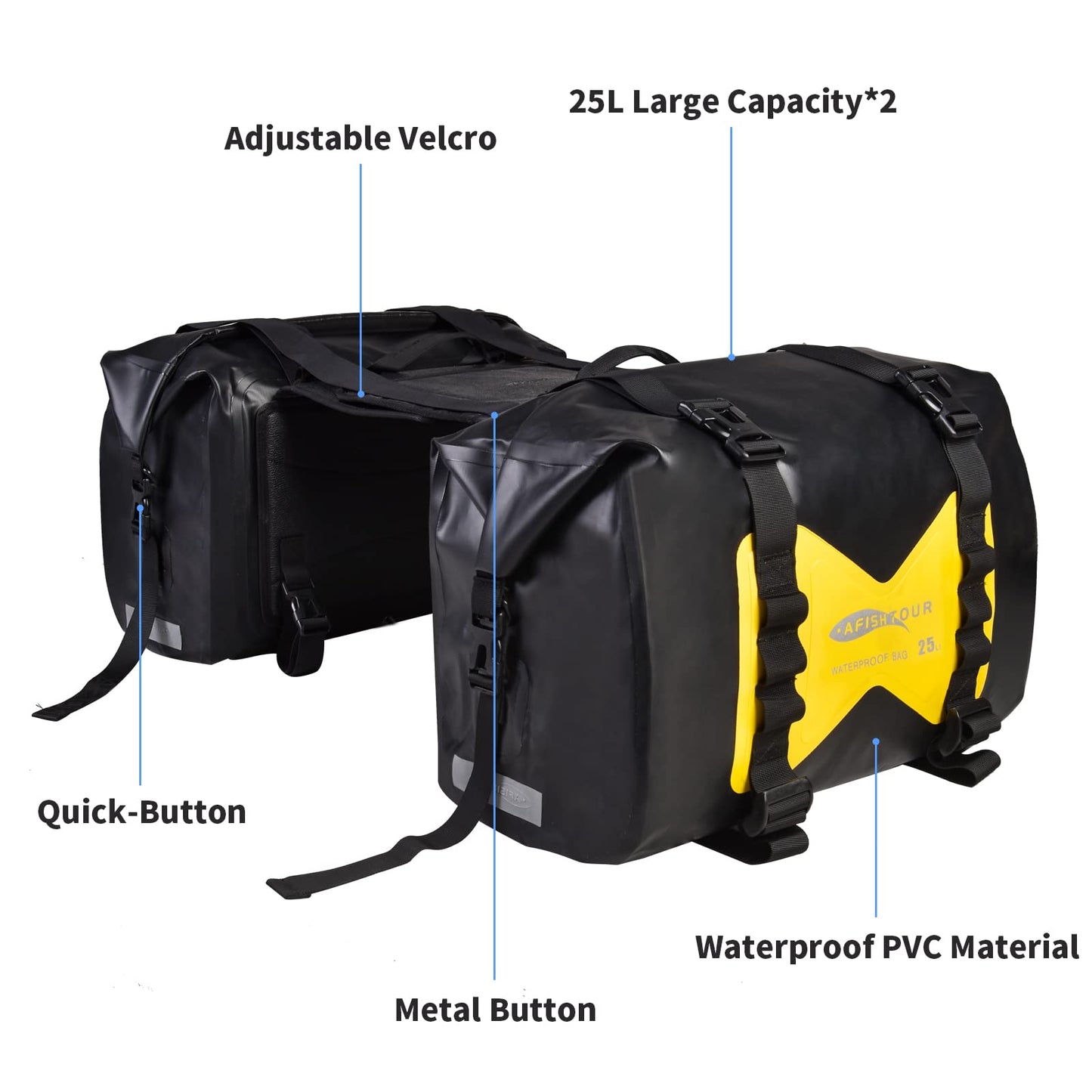 AFISHTOUR Waterproof Motorcycle Saddlebags - 50L Motorcycle Luggage Bags for Motorbike Travel - Motorcycle Panniers - Detachable Bag for Scooter, Honda, Suzuki, Yamaha (Yellow, 2 Pack)